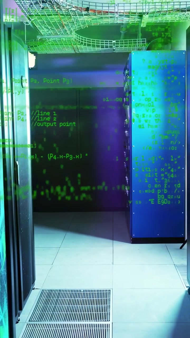 Vertikal video: Grøn kodeoverlejring skifter og afslører et serverrack og et blåt skab i et datacenter.