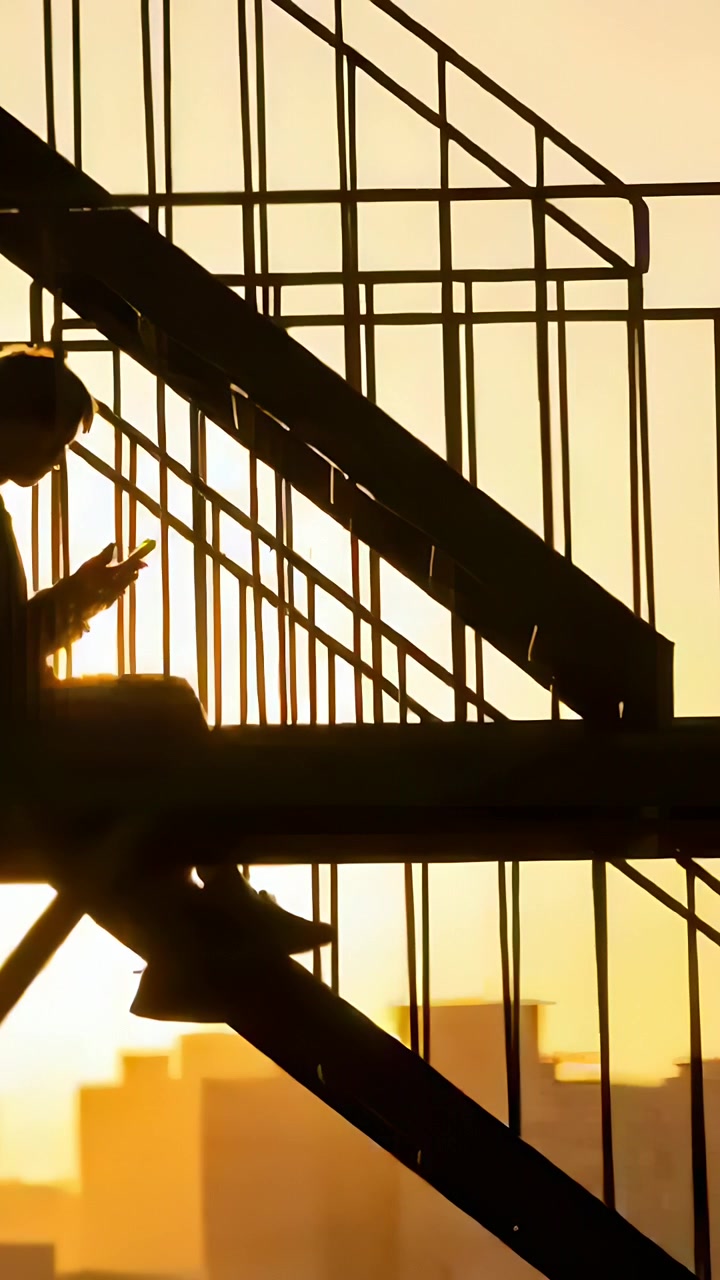 Vertical video: Sitting hooded figure scrolling smartphone on fire escape at sunset, copy space