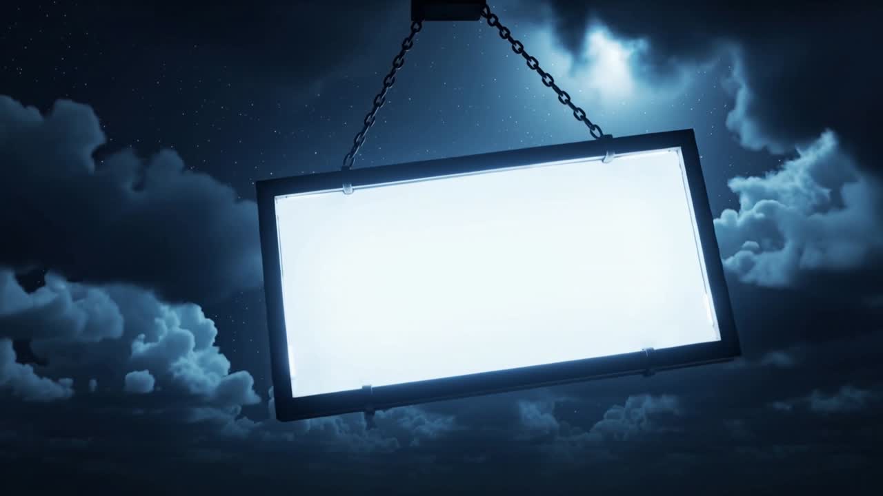 微風に揺れ、雲海の上で傾き揺れ動く光る看板、設置部分が見える。