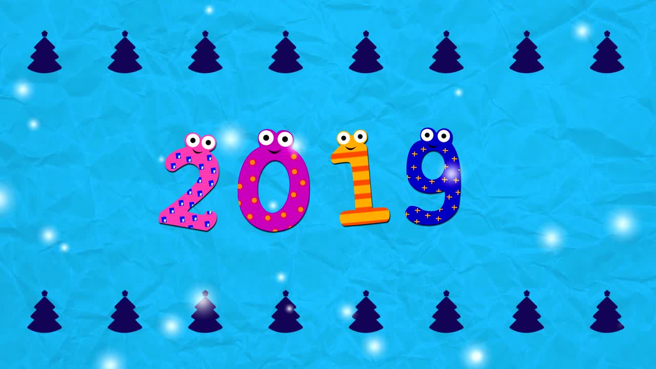 2019 nuevo año resumen de fondo con números de dibujos animados (loopable)