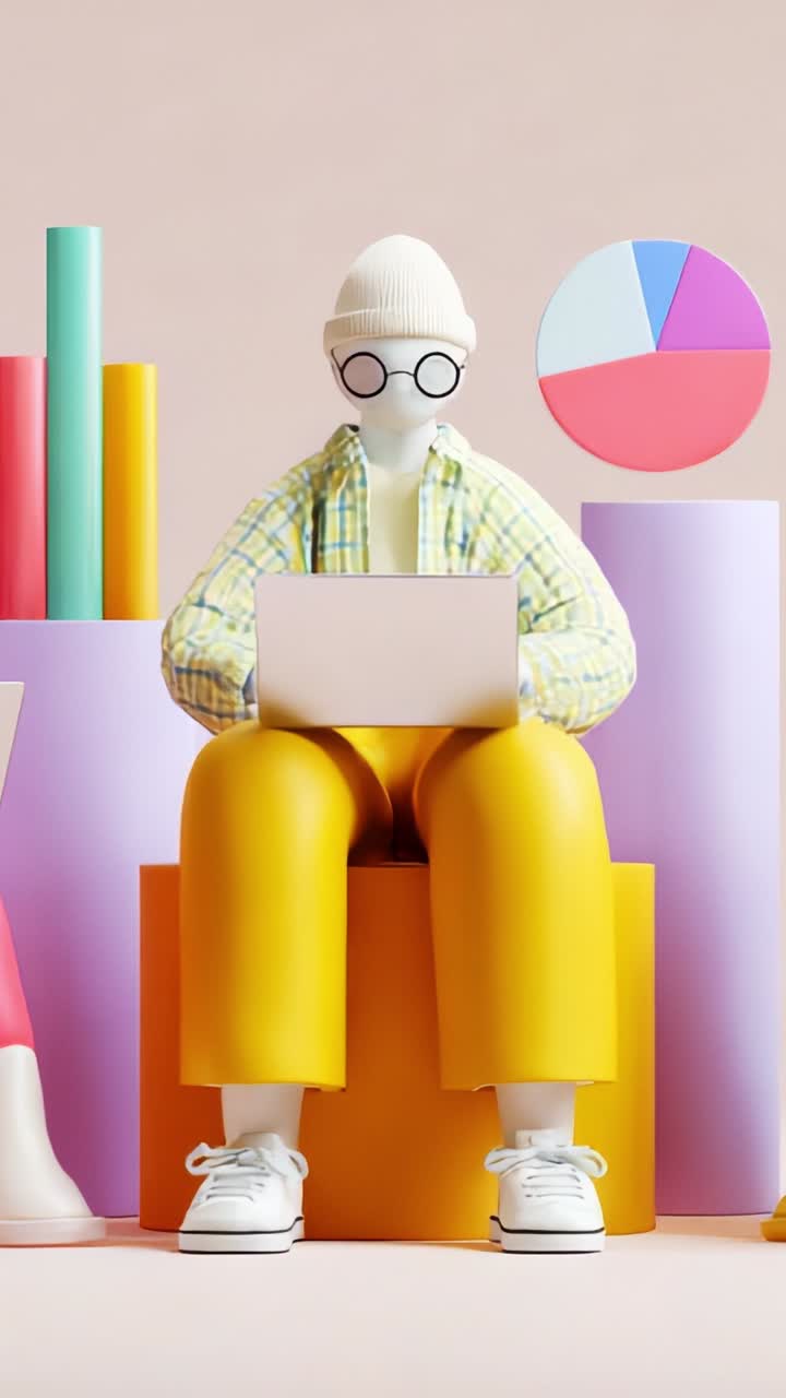 Stylish Figurine Engaged with Laptop Amidst Colorful Geometric Shapes, Capturing a Modern Aesthetic in Digital Work and Creative Environment