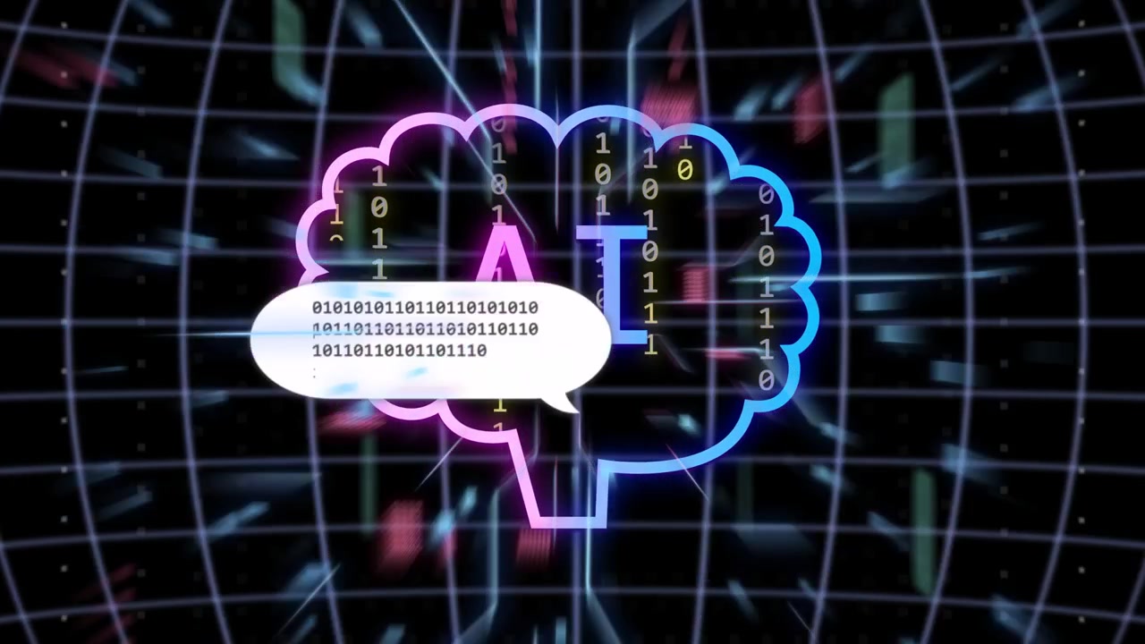 Speech bubbles sliding in, neon AI brain filling 0 or 1 streams, lines converging, showing data flow