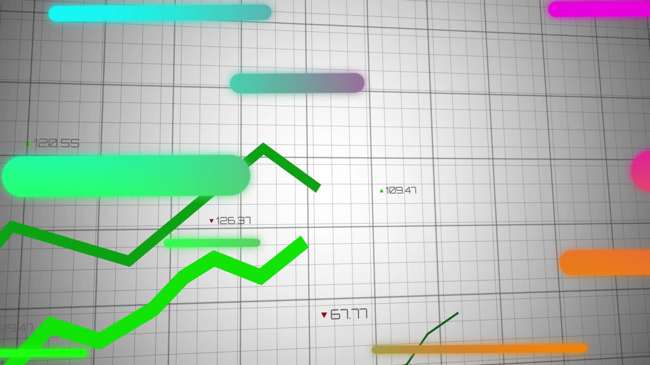 Data visualization being animated in flat design, with bright green line graph and gradient bars