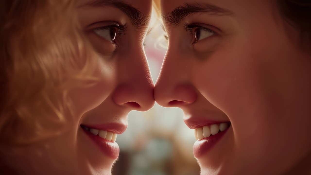 Starting neutral gazes, two women shifting into smiles and nose contact in soft interior, bonding