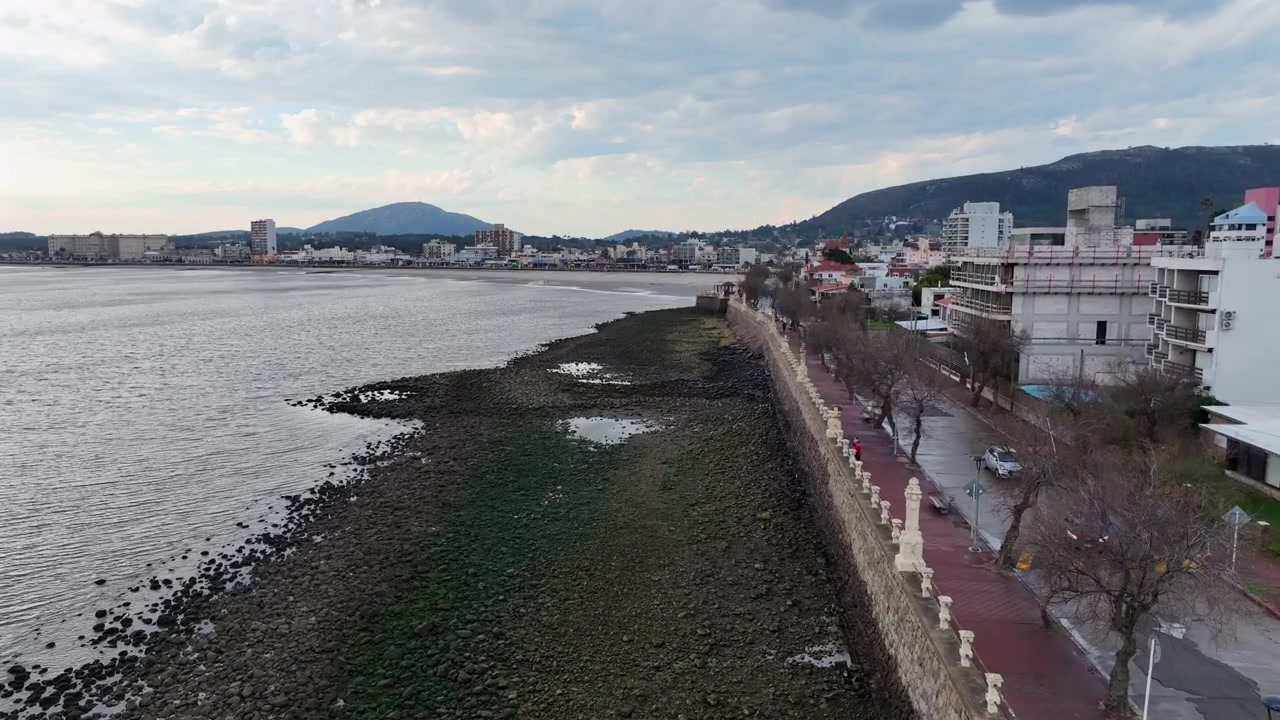 Lungomare di Piriápolis lungo la Rambla de los Argentinos con muro in pietra, alberi spogli, auto parcheggiate e colline distanti