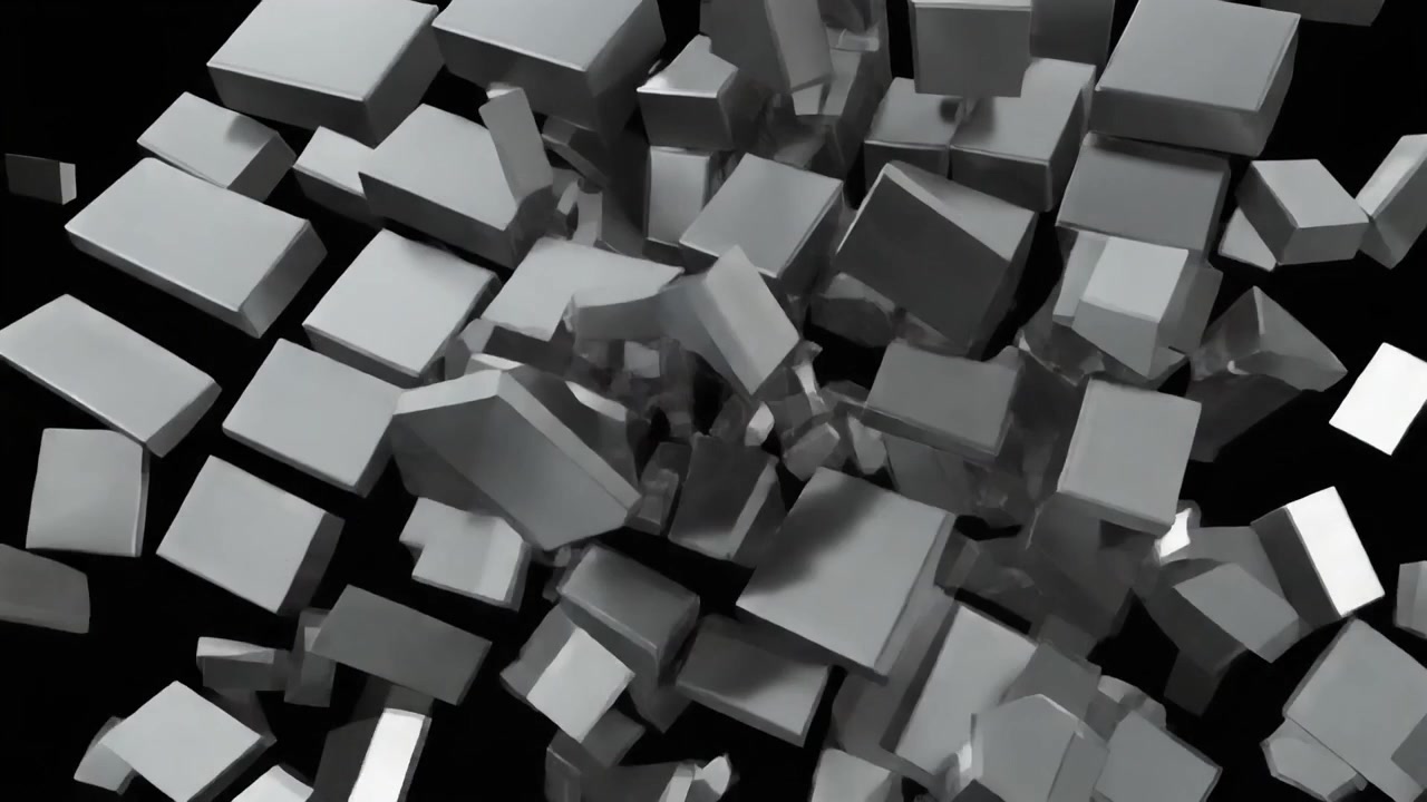 Abstrakt 3D animation af metalkuber, der splintres og eksploderer
