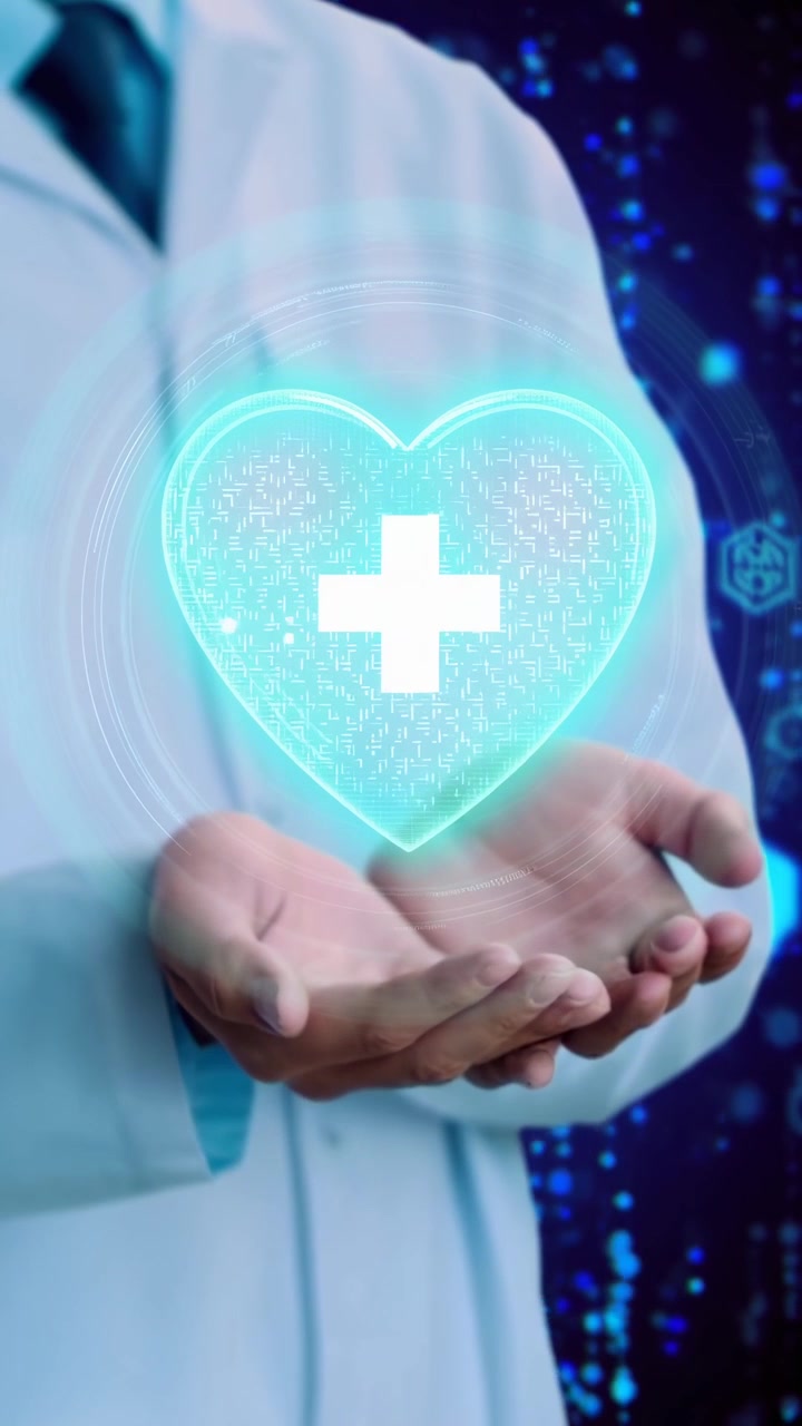 Médico Sosteniendo un Icono de Corazón Holográfico Digital