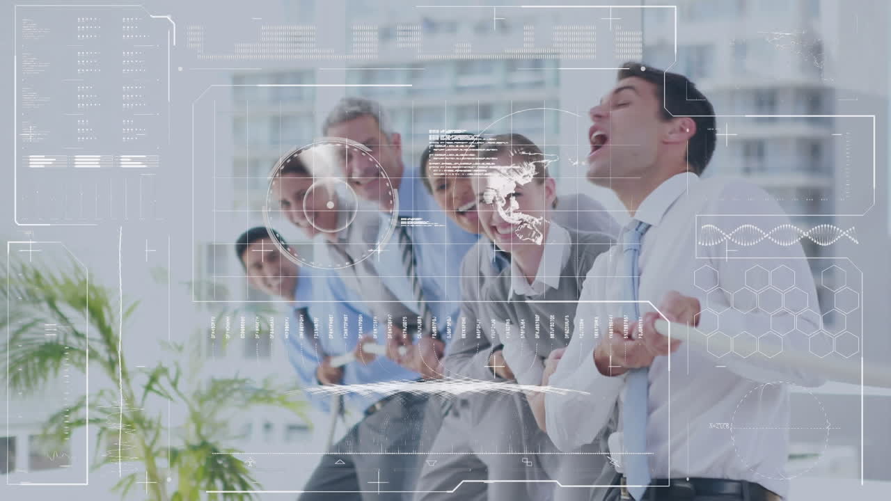 다양한 사업가들이 사무실에서 줄을 당기는 금융 데이터 처리의 애니메이션