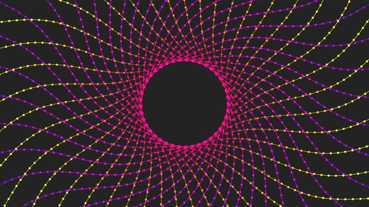 Vibrant lines form a captivating black hole design on a dark background