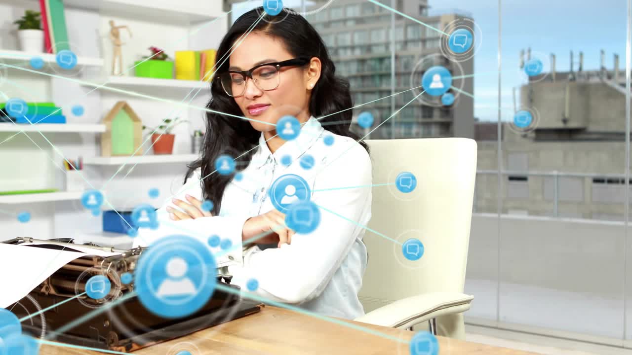 Writer typing on typewriter and spawning blue tech icons surrounding her, forming growing audience