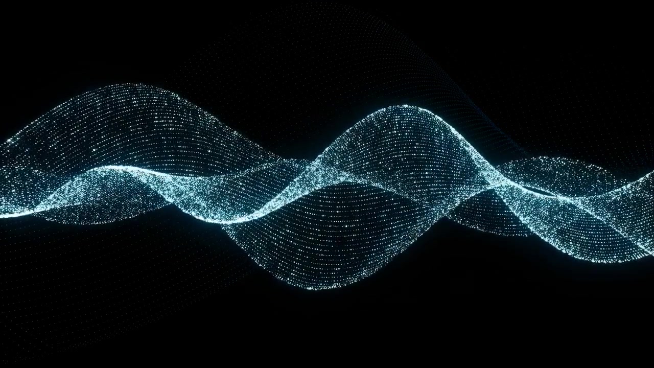 Glowing Blue Particle Waves Flowing Smoothly In Dark Studio Space, Cascading Points Form Layered Sine Curves