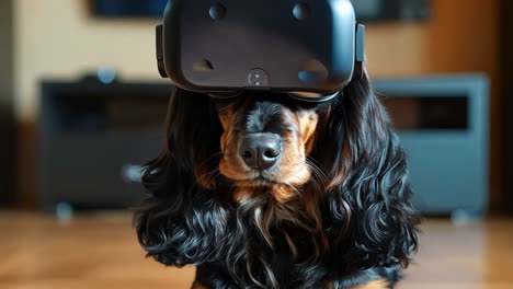 un perro con un auricular de realidad virtual sentado en el suelo