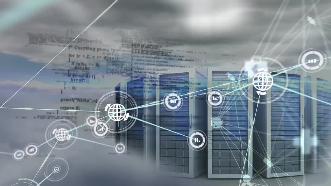 Animation of network of connections with icons over server room and data processing