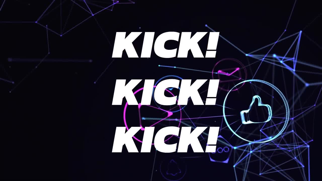 animación del texto de patada en letras blancas sobre iconos digitales y conexiones en fondo negro