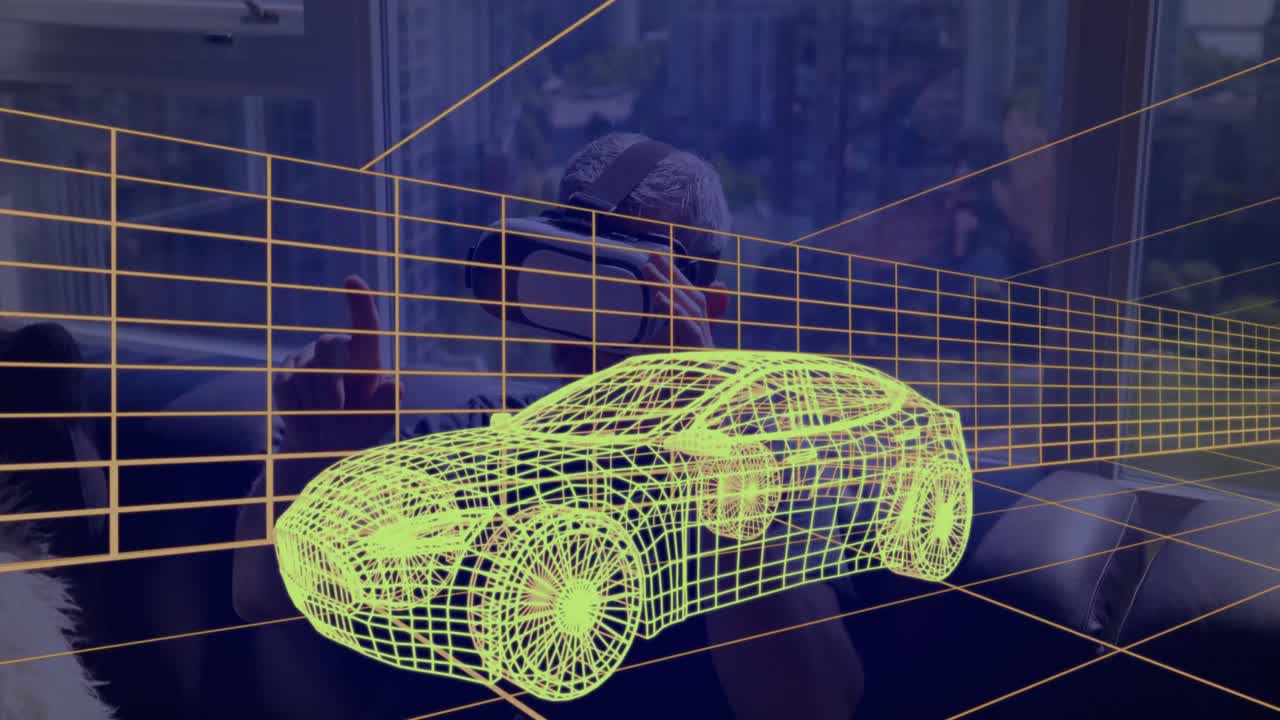 animación de dibujo técnico 3d del coche, sobre el hombre en casa con auriculares vr