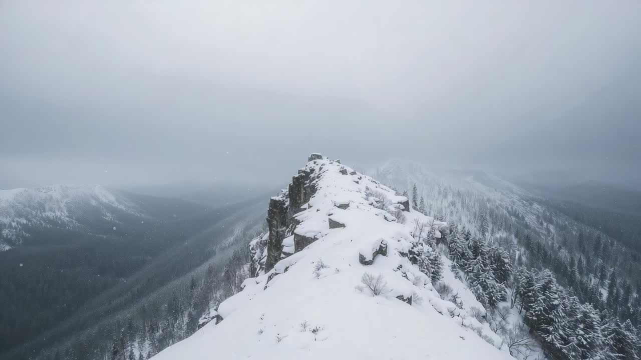 Gliding drone camera advancing toward snowy ridgeline after launch, revealing rocks, pines and fog