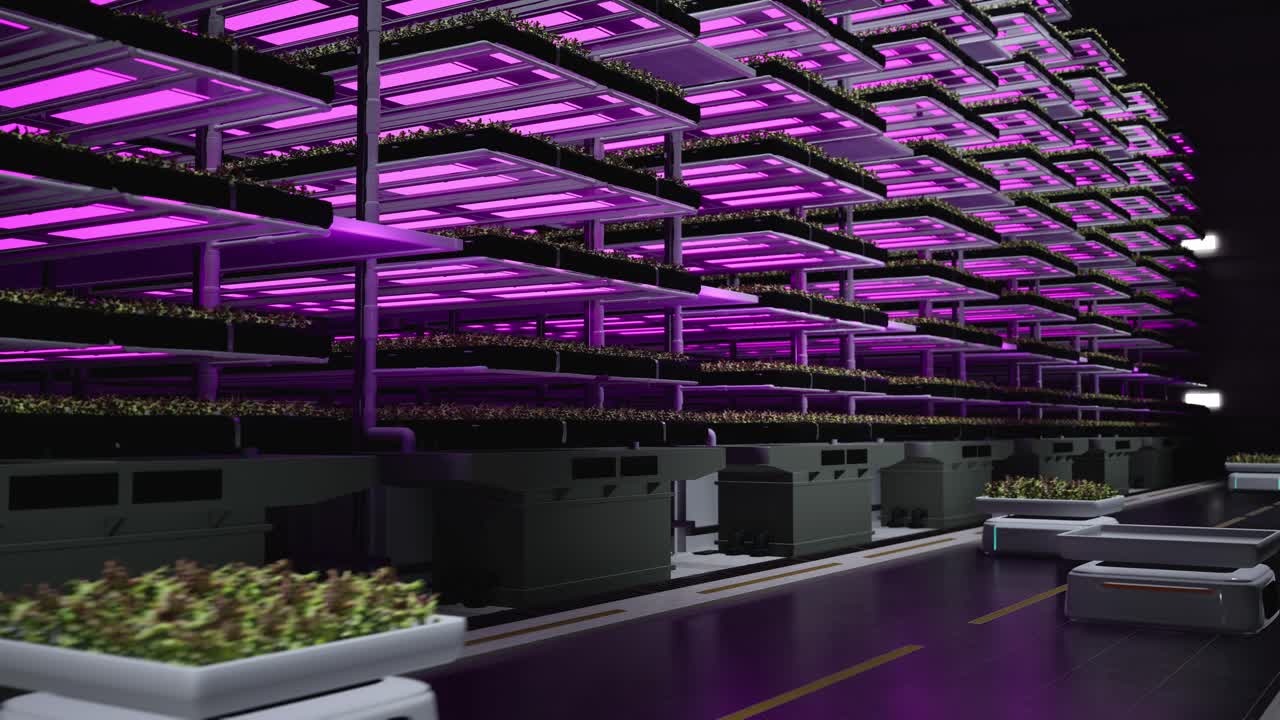 Autonomous Robots Transporting Green Leafy Organic Vegetables At Vertical Farm. Automated Warehouse With Hydroponics System