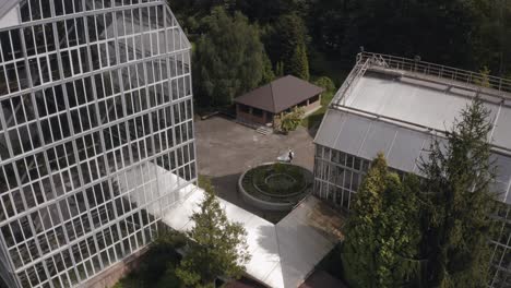 Newlyweds,-Caucasian-groom-with-bride-walking,-Holding-hands-in-park,-Wedding-couple,-Aerial-view