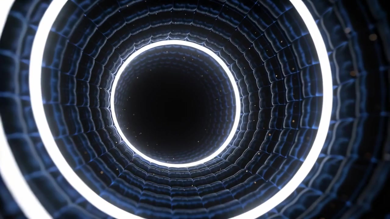 La telecamera inizia una rotazione in avanti, un tunnel illuminato si muove verso l'interno all'interno di un tubo piastrellato per allineare gli anelli.