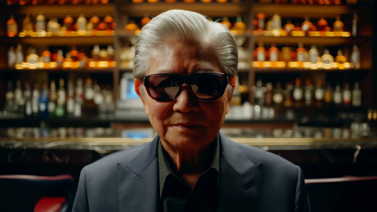 White-haired man in dark suit stays composed and nearly motionless while framing widens, revealing glossy counter surfaces, rows of bottles, warm amber light, and dark seating behind him.