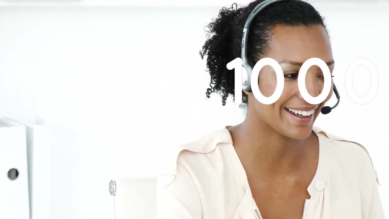 Animation of digital icons over businesswoman using phone headsets