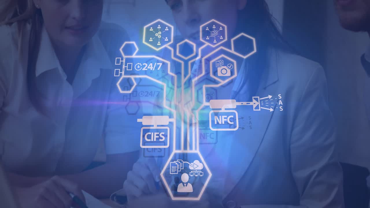 animación de gráficos e iconos sobre empresarios caucásicos en la oficina