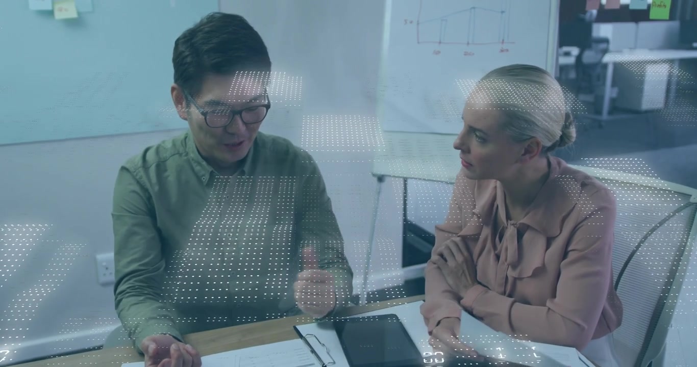 Data specialist opening binder and showing report while binary overlay fueling business insights