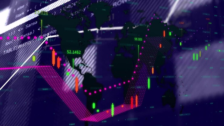 Visualizzazione di dati finanziari globali con grafici a candela e animazione di mappamondo