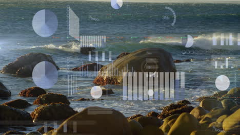 Data visualization animation over rocky ocean shoreline