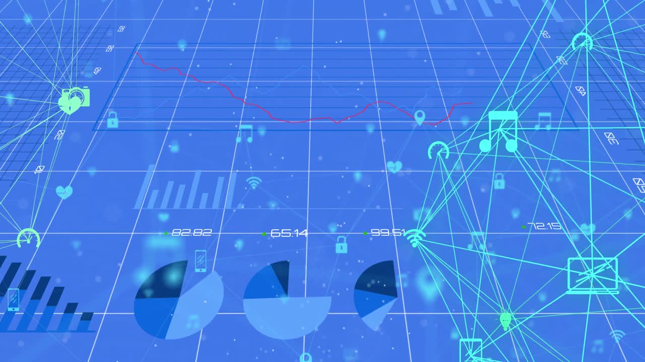 Animation of financial graphs and network of connections over blue digital screen