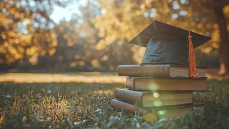 graduation cap on stack of books in nature