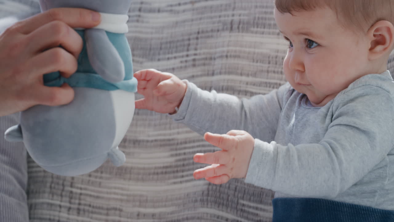 엄마는 집에서 아기와 함께 놀고 사랑하는 엄마는 놀이로 테디 베어 장난감을 보여주고 부모와 함께 재미있게 웃으며 모성 4k 영상을 즐기고 있습니다.