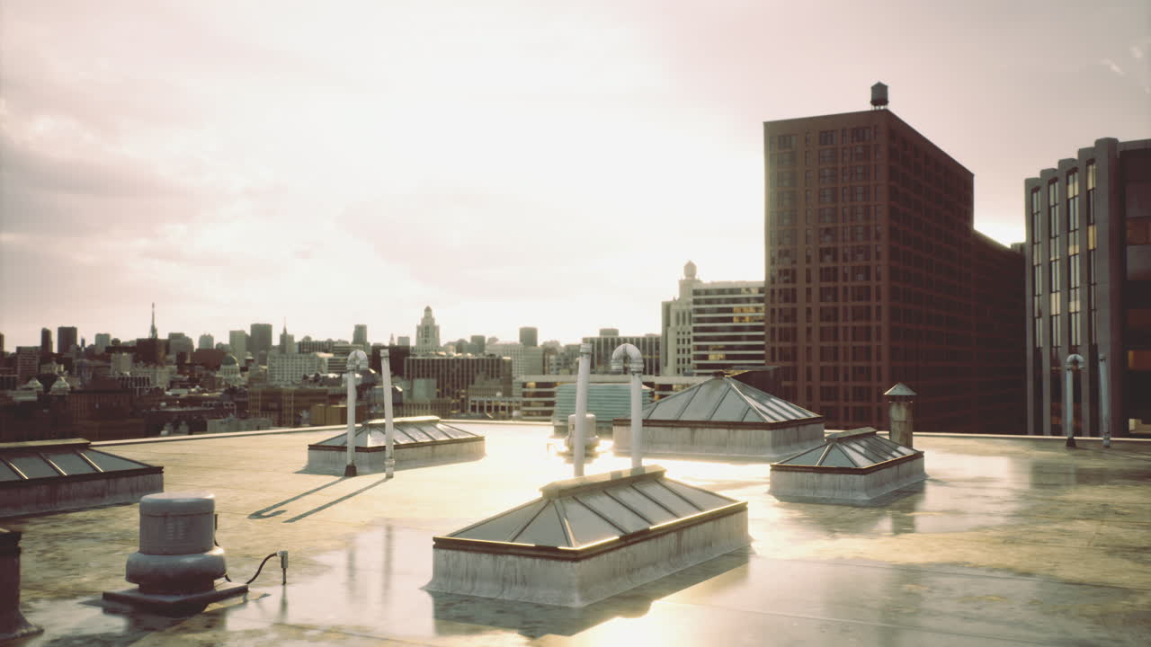 City rooftops bathed in golden sunlight during a tranquil evening moment