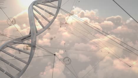 animation of dna strand over network of connections on cloudy background