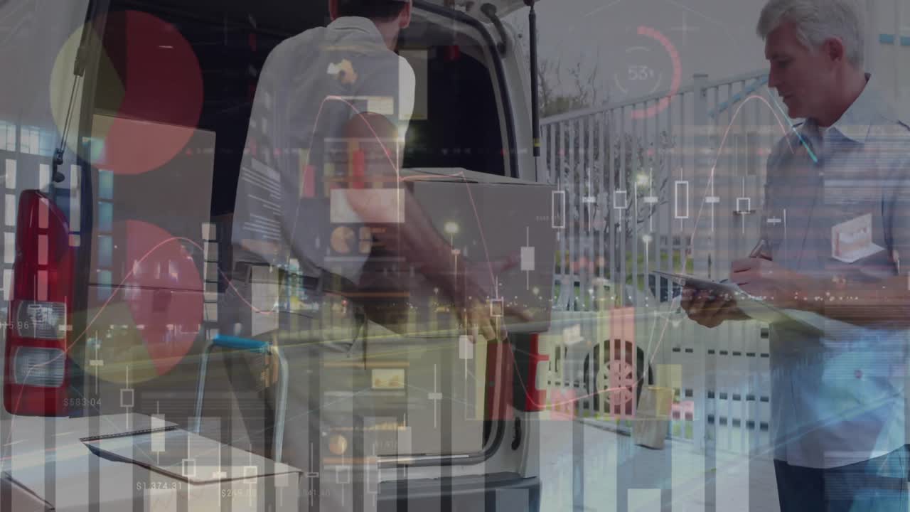 animação do processamento de estatísticas sobre o entregador com caixas de cartão