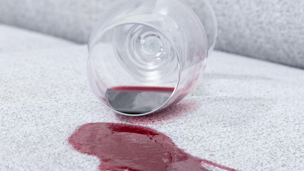 Camera hovers above couch, peering into tipped glass and dark stain