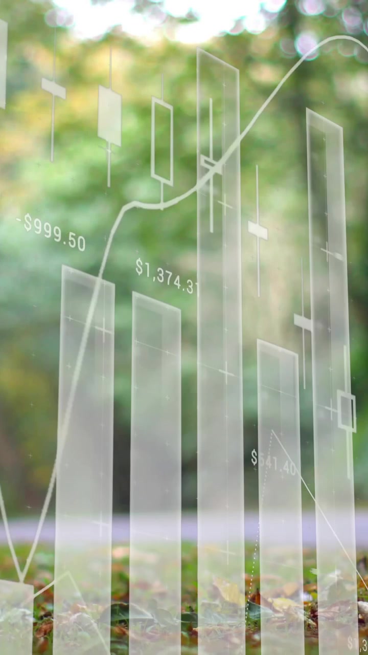 Animatie van financiële gegevensgrafieken over een wazige buitenparkscène met bomen en bladeren.