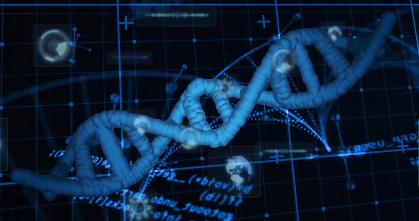 On start digital DNA helix rotating, data icons orbiting, code scrolling and arcs connecting nodes
