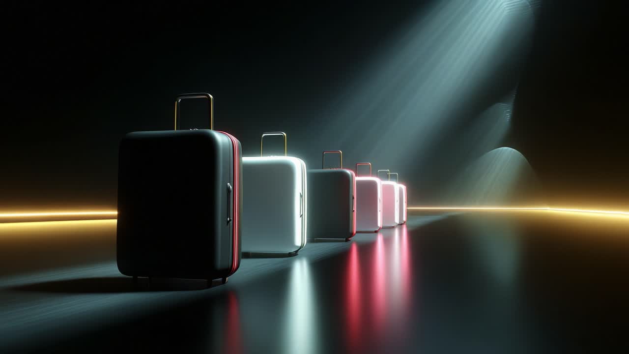 A stunning display of modern luggage shining under dramatic lighting, showcasing a line of stylish suitcases in different colors ranging from black to white, creating a visually striking composition
