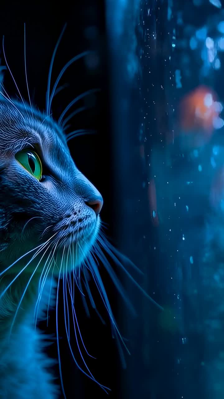 Video verticale: gatto grigio che fissa delle luci in movimento, gocce sulla finestra, vibrisse che si contraggono