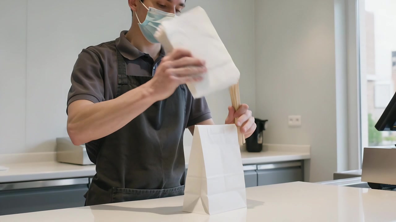 Personale che impacchetta, con un grembiule, su ordinazione, che carica il pasto e le posate nella borsa, controllando il POS al bancone.