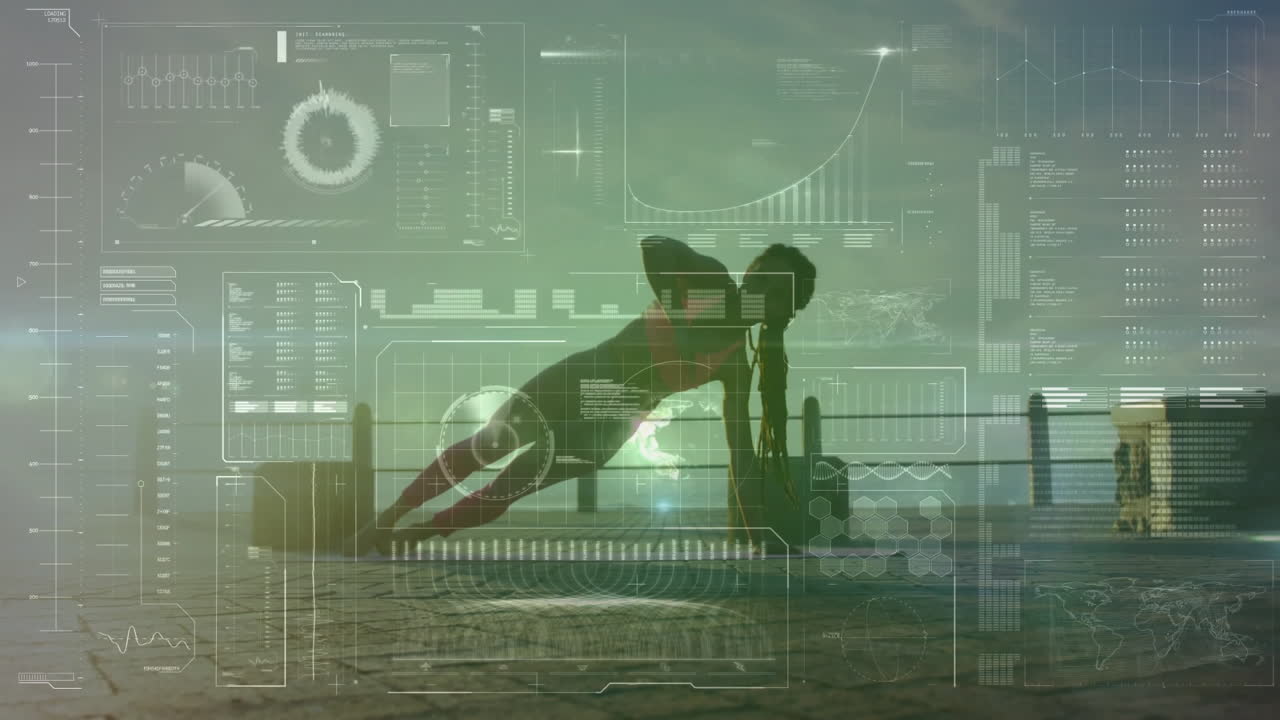 Doing yoga pose with animation of digital data and graphs in background