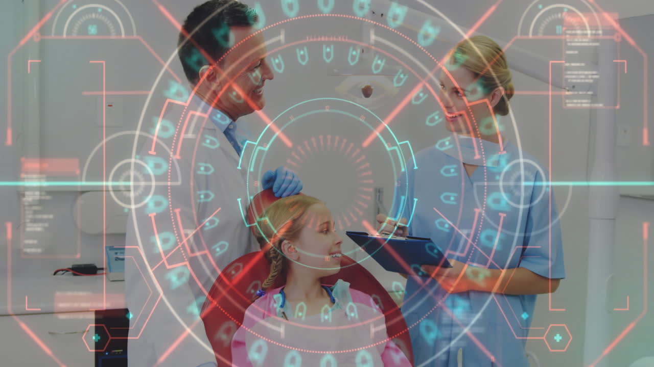 Animation of data processing and scope scanning over caucasian dentists and girl patient