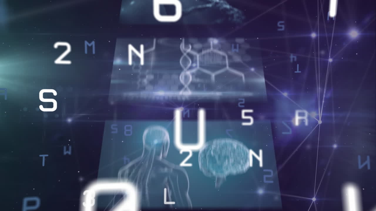 animación de números cambiantes, alfabetos, red de conexiones y pantallas con procesamiento de datos