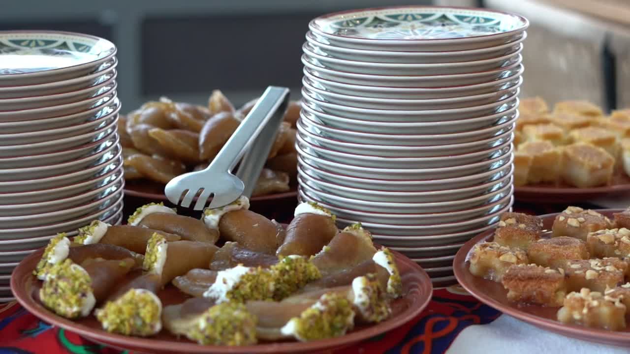 View of sweet in open buffet, close up shot, high angle shot