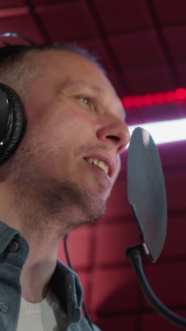 A man wearing a blue long sleeve shirt, white undershirt,and black headphones sings into a microphone, then stops in a red acoustic panel background under soft, diffused lighting in a recording studio
