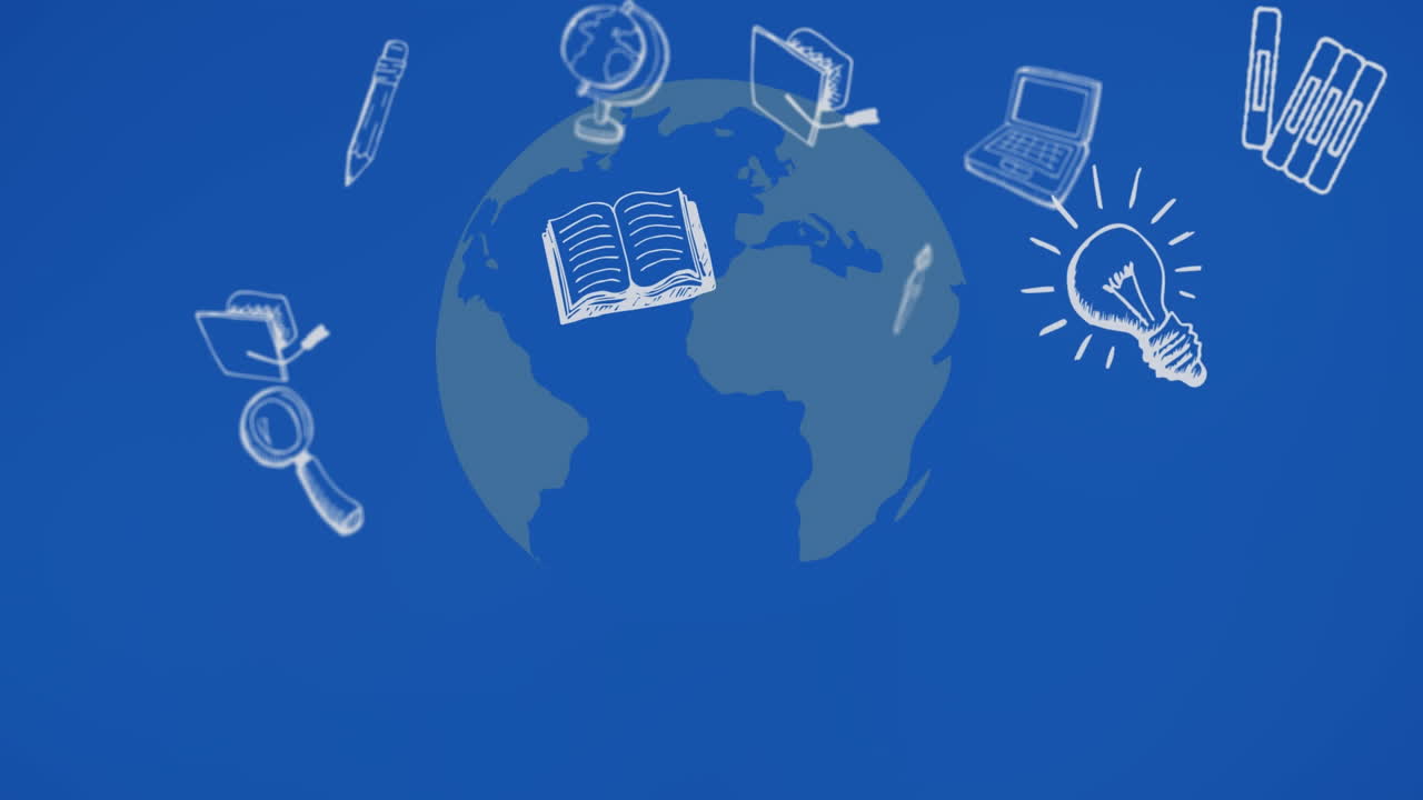 Animation of school icons over blue globe and blue background