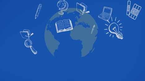 animación de iconos escolares sobre globo azul y fondo azul