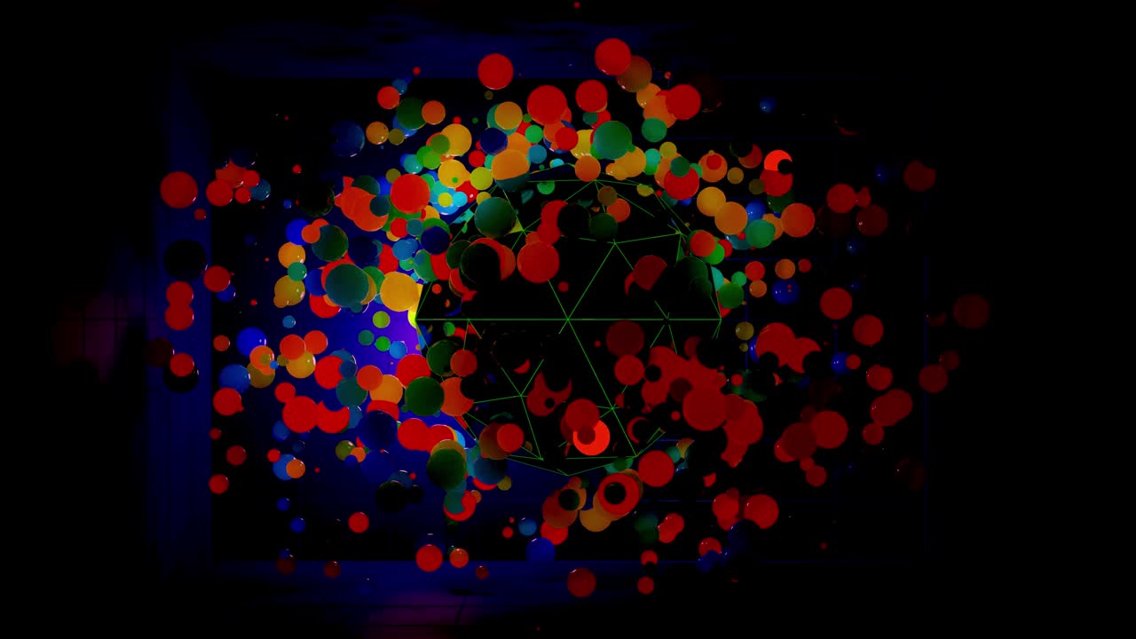 composición abstracta de bolas de colores en el aire, que se iluminan al azar y se reflejan entre sí. esferas multicolores en el aire como simple fondo oscuro geométrico con efectos de luz en la habitación oscura.