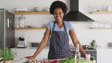 portrait of happy african american woman preparing dinner in kitchen